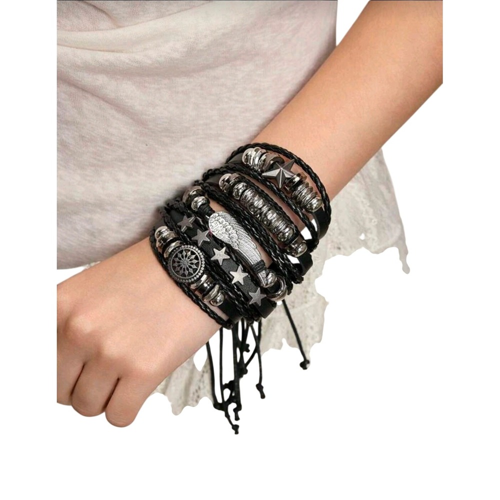 Black Faux Leather Multi Layer Bracelet Set Silver‎ Star Wing Charms Adjustable